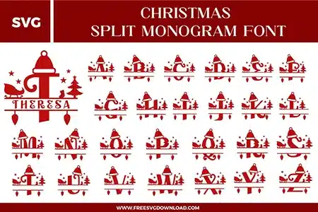 A complete set of red Christmas Split Monogram Font free svg files featuring the full alphabet A-Z. Each uppercase letter is designed with a Santa hat on top, a sleigh and reindeer silhouette, a pine tree, stars, and hanging Christmas light bulbs. The design features a horizontal split in the middle for personalized name insertion, shown in a deep festive red color.