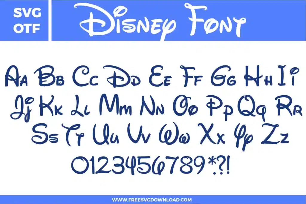 This Disney Font free svg files collection features a complete uppercase and lowercase alphabet Aa-Zz, numbers 0-9, and punctuation marks. The design is presented in a classic navy blue color, showcasing the iconic, whimsical script with distinct loops and stylized flourishes associated with world-famous animation branding. This high-quality digital download is perfect for creating personalized magical-themed crafts and custom gifts.