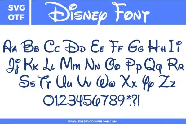 This Disney Font free svg files collection features a complete uppercase and lowercase alphabet Aa-Zz, numbers 0-9, and punctuation marks. The design is presented in a classic navy blue color, showcasing the iconic, whimsical script with distinct loops and stylized flourishes associated with world-famous animation branding. This high-quality digital download is perfect for creating personalized magical-themed crafts and custom gifts.