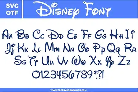 This Disney Font free svg files collection features a complete uppercase and lowercase alphabet Aa-Zz, numbers 0-9, and punctuation marks. The design is presented in a classic navy blue color, showcasing the iconic, whimsical script with distinct loops and stylized flourishes associated with world-famous animation branding. This high-quality digital download is perfect for creating personalized magical-themed crafts and custom gifts.