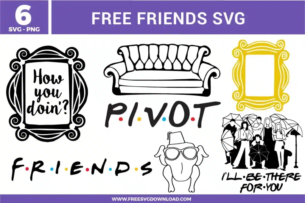 Friends TV show SVG bundle featuring the iconic yellow peephole frame, Central Perk orange couch, "PIVOT" quote, and the turkey with sunglasses available as high-quality free svg files for nostalgic home decor and 90s fan apparel.