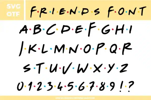 A nostalgic and handwritten Friends Font free svg files set. The design features iconic black script letters separated by colorful red, blue, and yellow dots. This OTF and SVG font bundle includes a full uppercase alphabet, numbers 0-9, and punctuation marks in the classic television sitcom style perfect for personalized coffee mugs and fan gifts.