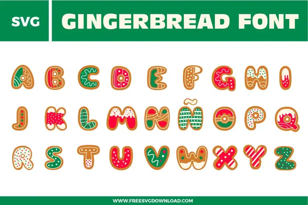 A colorful Gingerbread Font free svg files collection featuring a complete alphabet of cookie-style letters. Each letter is designed to look like a decorated gingerbread cookie with a brown crust and vibrant icing in red, green, and white. The designs include festive details like white frosting squiggles, colorful polka dot sprinkles, and candy cane stripes, perfect for high-quality Christmas digital crafting.