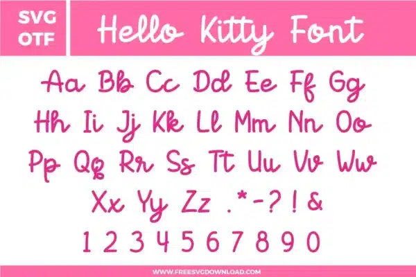 Hello Kitty Font free svg files set features a complete uppercase and lowercase alphabet Aa-Zz, numbers 0-9, and punctuation symbols. The design is rendered in a vibrant pink color with a soft, rounded, and cute handwritten script style. The characters have a whimsical and charming aesthetic, making this high-quality digital download perfect for kid-friendly crafts and kawaii-themed projects.