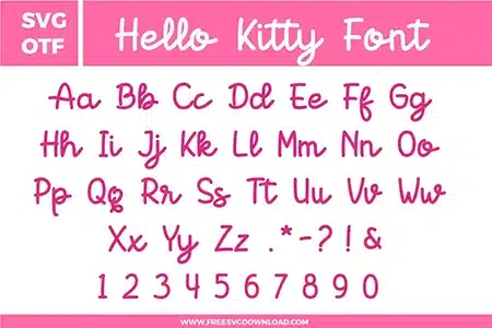 Hello Kitty Font free svg files set features a complete uppercase and lowercase alphabet Aa-Zz, numbers 0-9, and punctuation symbols. The design is rendered in a vibrant pink color with a soft, rounded, and cute handwritten script style. The characters have a whimsical and charming aesthetic, making this high-quality digital download perfect for kid-friendly crafts and kawaii-themed projects.