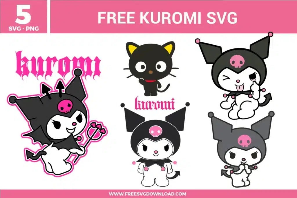5 Kuromi SVG and PNG files for crafting. The designs include Kuromi with devil wings and a pitchfork, a small black cat companion, and several sassy character poses. The image also includes the word "kuromi" in a gothic font.
