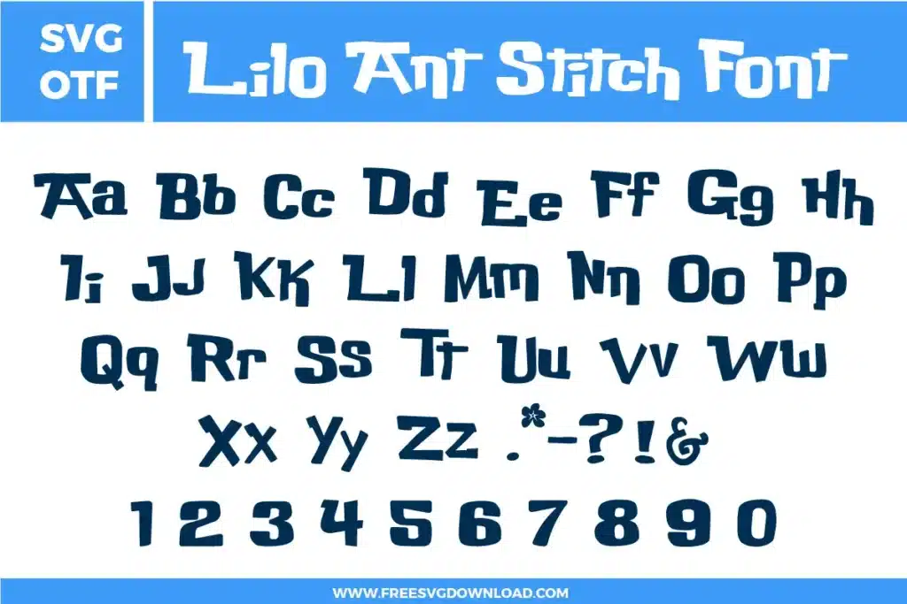 This Lilo and Stitch Font free svg files bundle features a complete uppercase and lowercase alphabet Aa-Zz, numbers 0-9, and punctuation marks. The design is displayed in a deep navy blue color with a playful, irregular hand-drawn look inspired by Hawaiian surf culture. The set includes a unique hibiscus flower icon, perfect for creating high-quality tropical themed digital crafts.