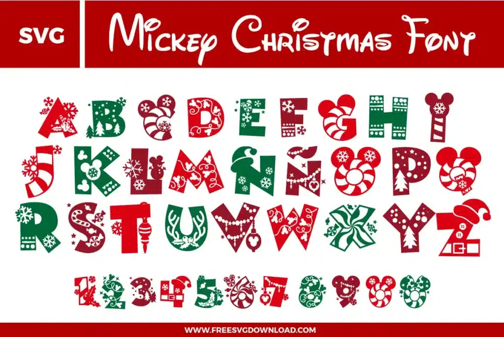 This Mickey Christmas Font free svg files bundle features a decorative alphabet and numbers set with festive Disney-inspired themes. The letters are styled with holiday elements including Mickey Mouse ears, Santa hats, snowflakes, candy cane stripes, and Christmas ornaments in red, green, and white. Each character showcases unique patterns like polka dots and winter trees, perfect for high-quality holiday digital crafting.