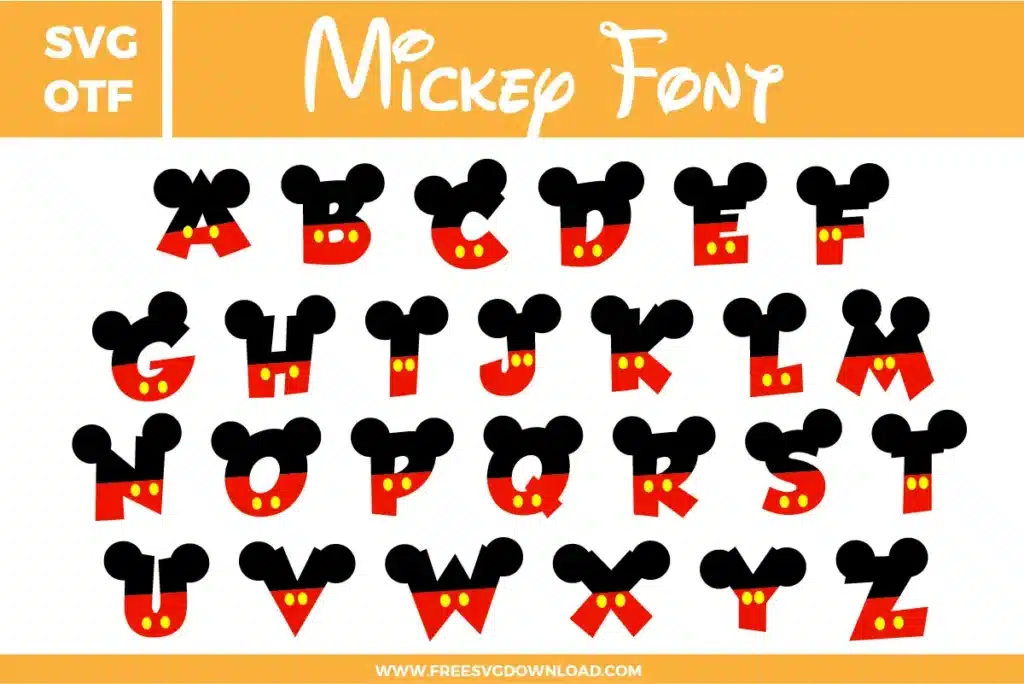 This Mickey Font free svg files bundle features a complete A-Z uppercase alphabet designed with the iconic Disney character aesthetic. Each letter is divided into two sections: a black top portion with round Mickey ears and a red bottom portion featuring two yellow oval buttons, mimicking Mickey Mouse's signature trousers. These high-quality digital vector letters are perfect for Disney-themed birthday crafts and personalized nursery decor.