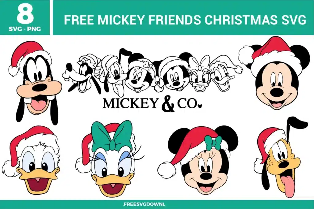 Free Mickey Friends Christmas SVG designs showing Mickey Minnie Donald Daisy Goofy and Pluto character faces wearing Santa hats and festive holiday expressions