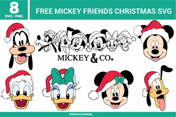 Free Mickey Friends Christmas SVG designs showing Mickey Minnie Donald Daisy Goofy and Pluto character faces wearing Santa hats and festive holiday expressions