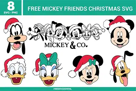 Free Mickey Friends Christmas SVG designs showing Mickey Minnie Donald Daisy Goofy and Pluto character faces wearing Santa hats and festive holiday expressions