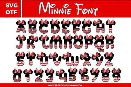 This Minnie Font free svg files bundle features a complete A-Z uppercase alphabet and numbers 0-9 designed with the iconic Minnie Mouse aesthetic. Each letter and number is decorated with black mouse ears and a signature red and white polka dot bow. The lower half of each character features a matching red and white polka dot pattern, making these high-quality digital vector files perfect for Disney-themed birthday parties and personalized girls' apparel.