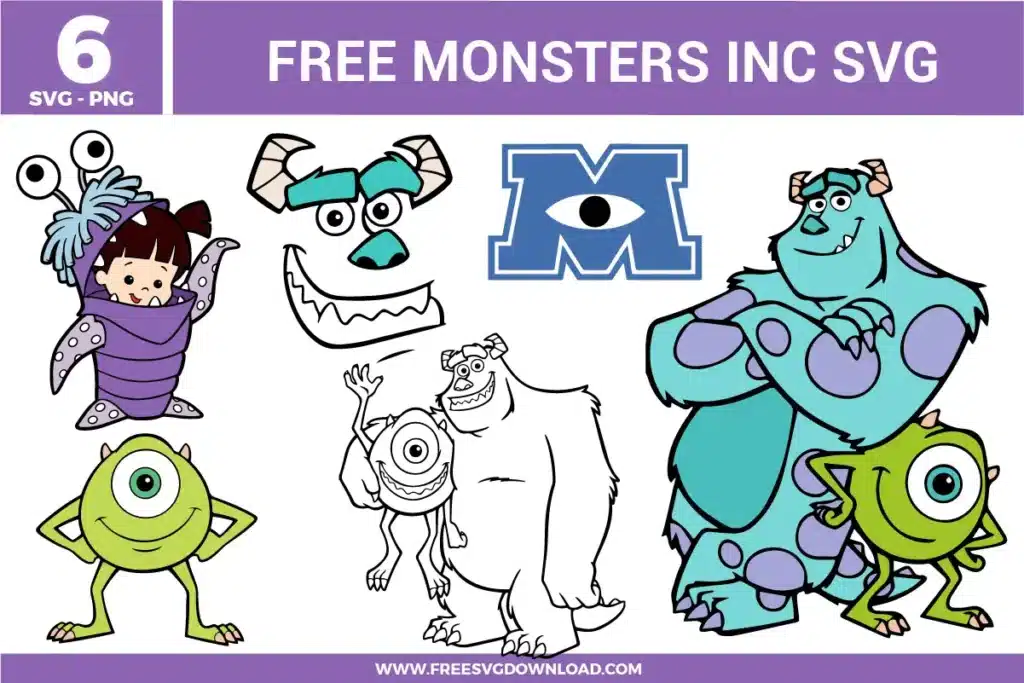 Free Monsters Inc SVG designs showing Mike Wazowski Sulley and Boo character illustrations with expressive poses and playful details