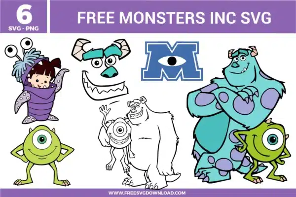 Free Monsters Inc SVG designs showing Mike Wazowski Sulley and Boo character illustrations with expressive poses and playful details