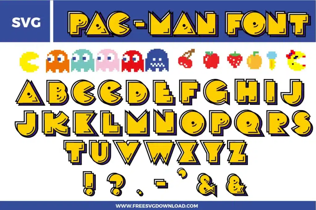 This Pacman Font free svg files bundle features a retro arcade-style alphabet A-Z and punctuation marks in a vibrant yellow with black 3D shadow effects. The design includes iconic pixelated characters like Pac-Man, Ms. Pac-Man, and colorful ghosts in red, pink, teal, and orange, alongside classic pixel fruit icons like cherries, strawberries, and oranges for high-quality gaming-themed digital crafts.