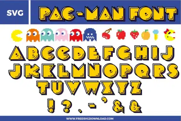 This Pacman Font free svg files bundle features a retro arcade-style alphabet A-Z and punctuation marks in a vibrant yellow with black 3D shadow effects. The design includes iconic pixelated characters like Pac-Man, Ms. Pac-Man, and colorful ghosts in red, pink, teal, and orange, alongside classic pixel fruit icons like cherries, strawberries, and oranges for high-quality gaming-themed digital crafts.
