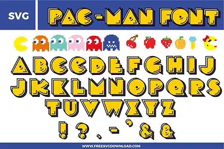 This Pacman Font free svg files bundle features a retro arcade-style alphabet A-Z and punctuation marks in a vibrant yellow with black 3D shadow effects. The design includes iconic pixelated characters like Pac-Man, Ms. Pac-Man, and colorful ghosts in red, pink, teal, and orange, alongside classic pixel fruit icons like cherries, strawberries, and oranges for high-quality gaming-themed digital crafts.