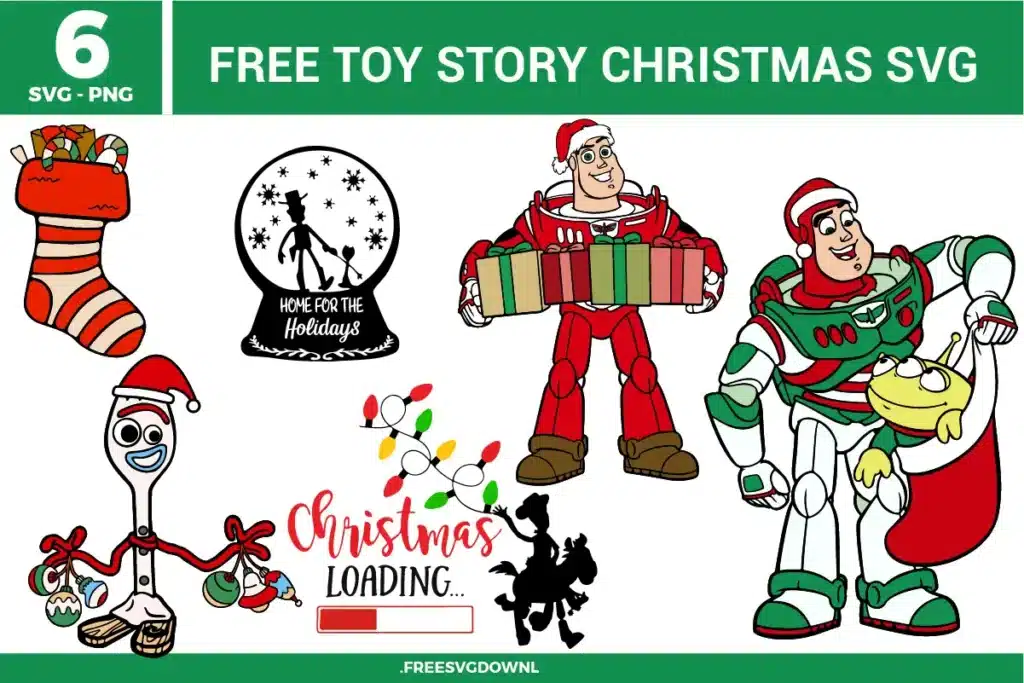 Free Toy Story Christmas SVG designs showing Buzz Lightyear Woody Forky and holiday themed Toy Story characters with stockings gifts and festive Christmas details
