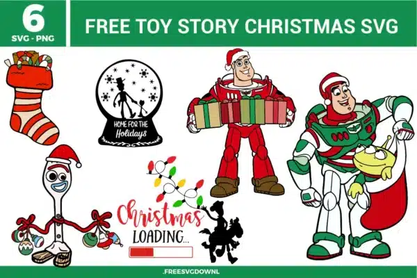 Free Toy Story Christmas SVG designs showing Buzz Lightyear Woody Forky and holiday themed Toy Story characters with stockings gifts and festive Christmas details