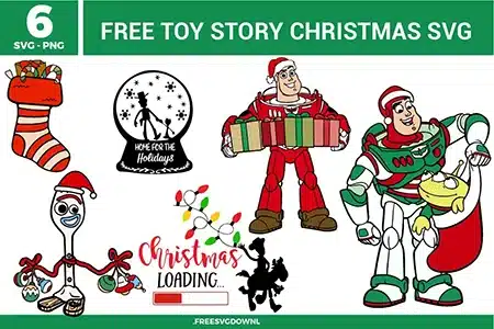 Free Toy Story Christmas SVG designs showing Buzz Lightyear Woody Forky and holiday themed Toy Story characters with stockings gifts and festive Christmas details