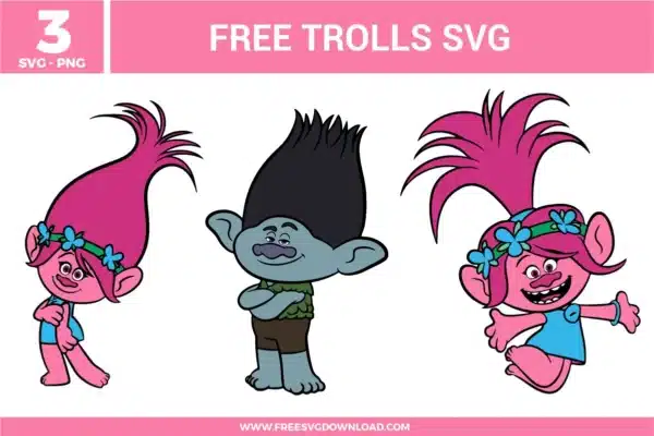 3 free svg files featuring Trolls Movie characters, including Poppy with her pink hair and floral crown in two cheerful poses and Branch with his signature blue skin and black hair, designed for colorful layered vinyl crafts.