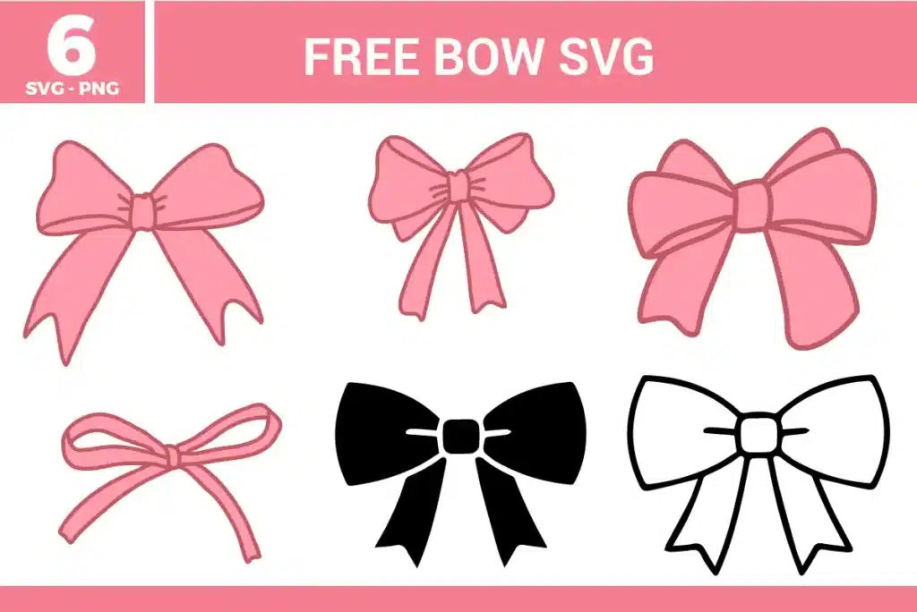 Six coquette style pink and black ribbon designs from the Bow SVG bundle, offered as free svg files for feminine and trendy crafting projects.