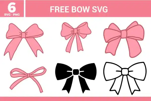 Six coquette style pink and black ribbon designs from the Bow SVG bundle, offered as free svg files for feminine and trendy crafting projects.