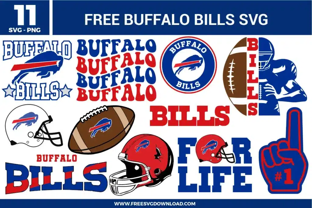 Buffalo Bills Free SVG FilesFree buffalo bills svg files featuring an 11-pack bundle of football sports team fan graphics. The royal blue, red, and white vector designs showcase the iconic charging buffalo logo, detailed football helmets, a retro stacked "Buffalo" text layout, a split football graphic with a player silhouette, and team slogans like "Bills For Life" alongside a number one foam finger icon for custom crafting.