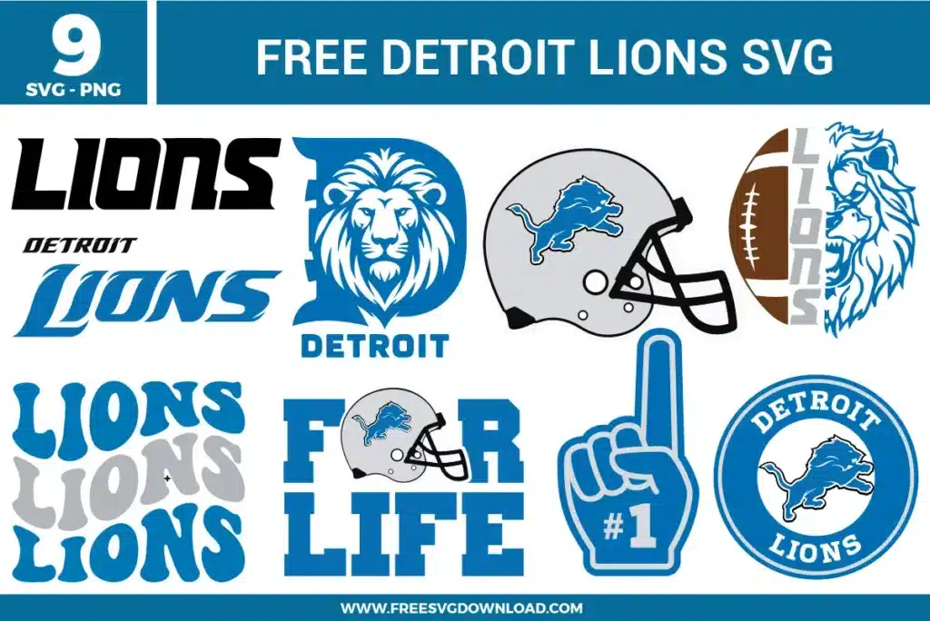 Free detroit lions svg files featuring a 9-pack bundle of football sports team fan graphics. The honolulu blue, silver, and black vector designs showcase the iconic leaping lion logo, a detailed roaring lion head enclosed in a block letter D, realistic football helmets, retro stacked wavy typography, and fan slogans like "For Life" paired with a number one foam finger silhouette for professional sports crafting.