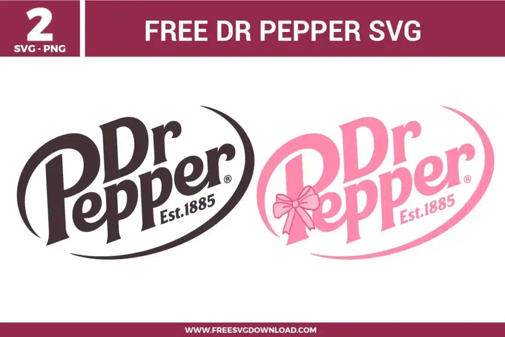 Two versions of the classic soda branding from the Dr Pepper Logo SVG bundle, featuring the original maroon logo and a pink coquette style with a bow, offered as free svg files for retro crafting.