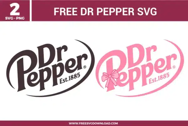 Two versions of the classic soda branding from the Dr Pepper Logo SVG bundle, featuring the original maroon logo and a pink coquette style with a bow, offered as free svg files for retro crafting.