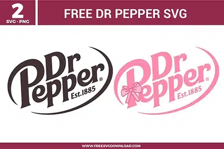 Two versions of the classic soda branding from the Dr Pepper Logo SVG bundle, featuring the original maroon logo and a pink coquette style with a bow, offered as free svg files for retro crafting.