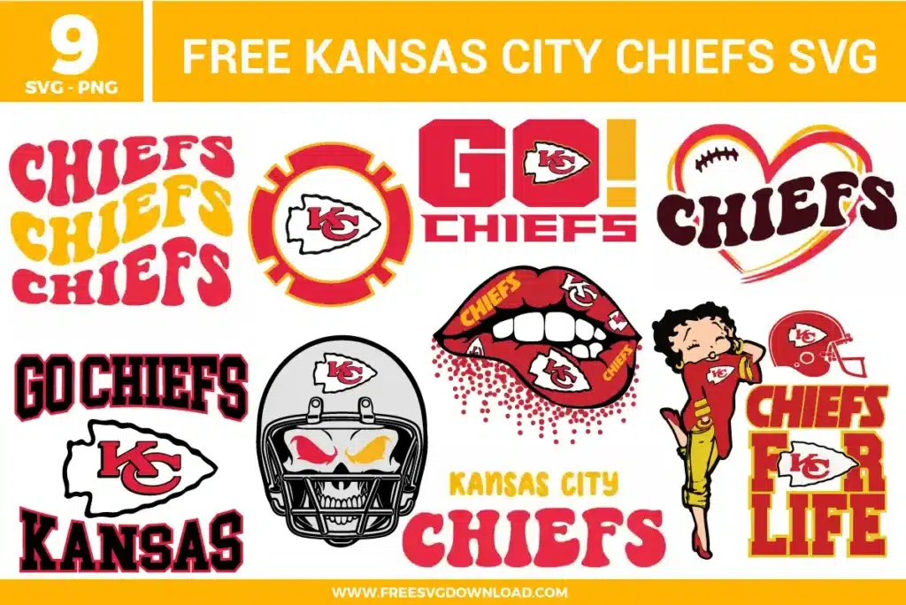 Free kansas city chiefs svg files featuring a 9-pack bundle of football sports team fan graphics. The red, yellow, and black vector illustrations showcase arrowhead logos, a dynamic skull wearing a team helmet with flaming eyes, retro wavy stacked text layouts, a heart outline wrapped around game day typography, red glittery lips, and a cartoon cheerleader character for creative craft projects.