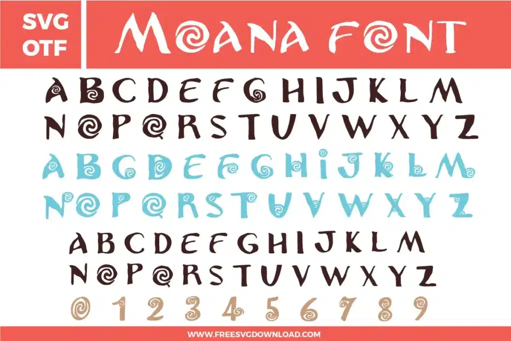 This Moana Font free svg files bundle features a complete tropical alphabet A-Z and numbers 0-9. The design showcases a tribal, hand-drawn aesthetic in dark brown and light blue colors, with distinct ocean swirl motifs integrated into letters like A, G, O, and Q. The font style is inspired by Polynesian culture and oceanic adventures, perfect for high-quality digital crafting.