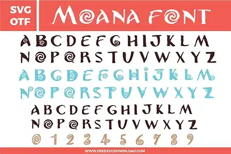 This Moana Font free svg files bundle features a complete tropical alphabet A-Z and numbers 0-9. The design showcases a tribal, hand-drawn aesthetic in dark brown and light blue colors, with distinct ocean swirl motifs integrated into letters like A, G, O, and Q. The font style is inspired by Polynesian culture and oceanic adventures, perfect for high-quality digital crafting.