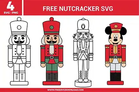 Four christmas designs from the Nutcracker SVG bundle including a mickey mouse soldier, provided as free svg files for crafts.