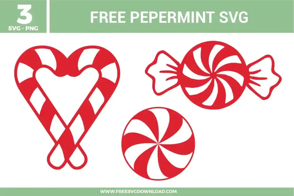 Red and white candy designs from the Peppermint SVG bundle, offered as free svg files for festive holiday sweet themes.