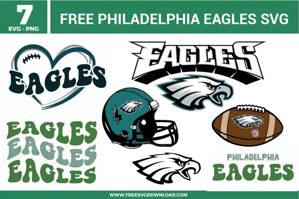 Free philadelphia eagles svg files presenting a 7-pack bundle of football sports team fan graphics. The midnight green, charcoal, and white vector illustrations feature the iconic eagle head profile logo, a cracked football helmet, a stylized heart outline wrapped around retro text, an official looking football icon with the eagle emblem inside, and dynamic block typography for custom game day clothing.