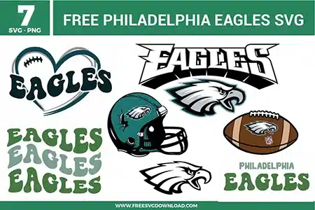 Free philadelphia eagles svg files presenting a 7-pack bundle of football sports team fan graphics. The midnight green, charcoal, and white vector illustrations feature the iconic eagle head profile logo, a cracked football helmet, a stylized heart outline wrapped around retro text, an official looking football icon with the eagle emblem inside, and dynamic block typography for custom game day clothing.