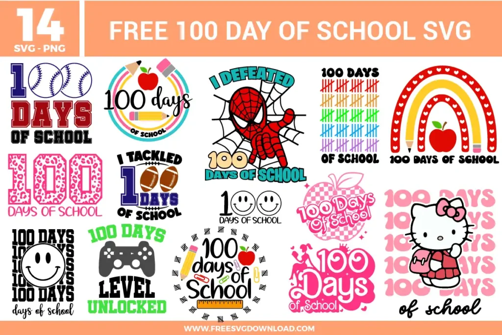 A massive bundle of 14 free svg files for the 100th day of school. This collection features themed graphics including a Spider-Man "I Defeated 100 Days of School" design, Hello Kitty student illustrations, gamer "Level Unlocked" icons, and colorful tally mark rainbows in vibrant shades of blue, red, green, and pink.