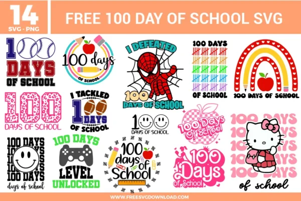 A massive bundle of 14 free svg files for the 100th day of school. This collection features themed graphics including a Spider-Man "I Defeated 100 Days of School" design, Hello Kitty student illustrations, gamer "Level Unlocked" icons, and colorful tally mark rainbows in vibrant shades of blue, red, green, and pink.