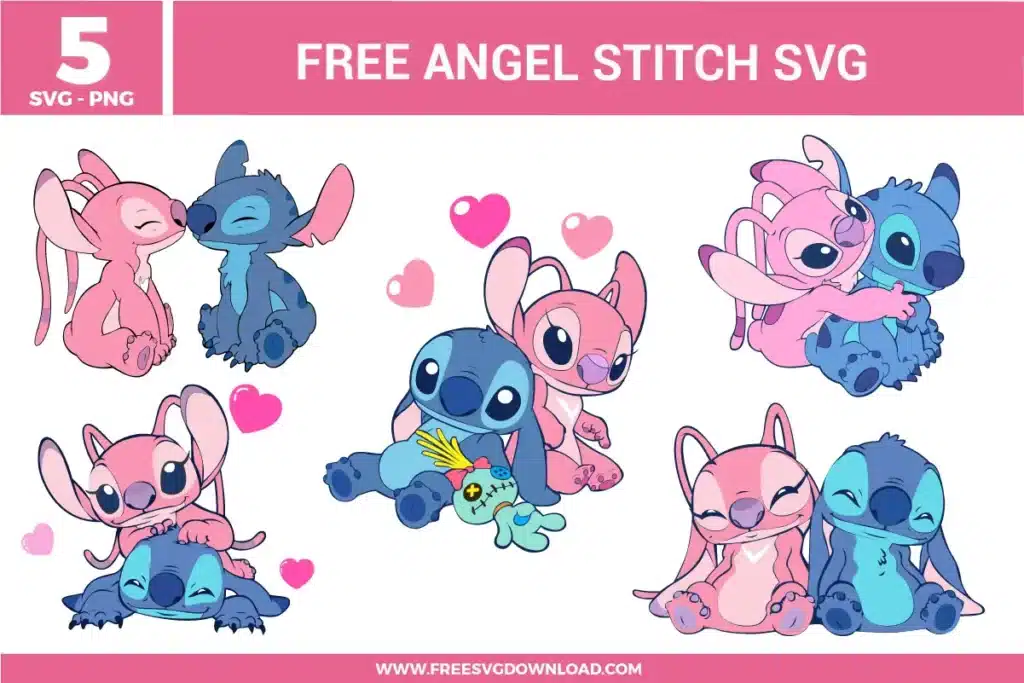 Free Angel Stitch SVG designs showing Angel and Stitch characters in cute cuddling poses with heart accents and sweet expressions