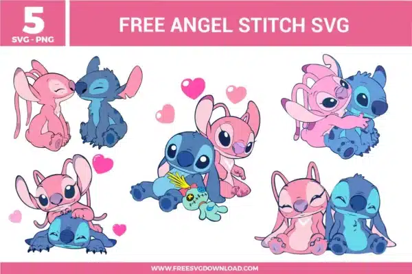 Free Angel Stitch SVG designs showing Angel and Stitch characters in cute cuddling poses with heart accents and sweet expressions