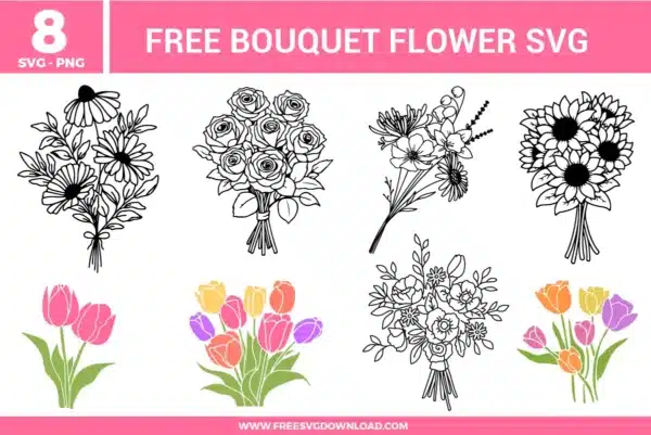 Bouquet flower SVG bundle featuring floral arrangements with roses, daisies, tulips, and mixed flower bouquets in line art and colored styles for crafting and cutting projects