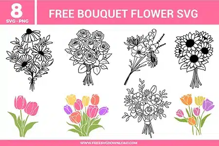 Bouquet flower SVG bundle featuring floral arrangements with roses, daisies, tulips, and mixed flower bouquets in line art and colored styles for crafting and cutting projects