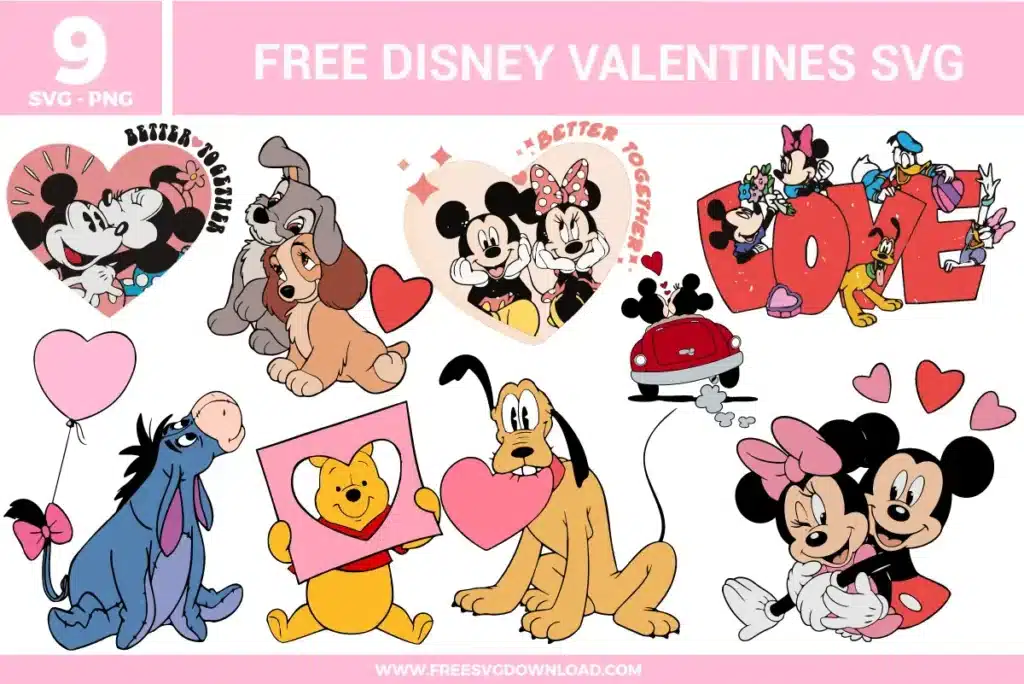 Free Disney Valentine’s SVG designs showing classic Disney characters in love themed scenes with hearts, romantic illustrations, and soft Valentine inspired details