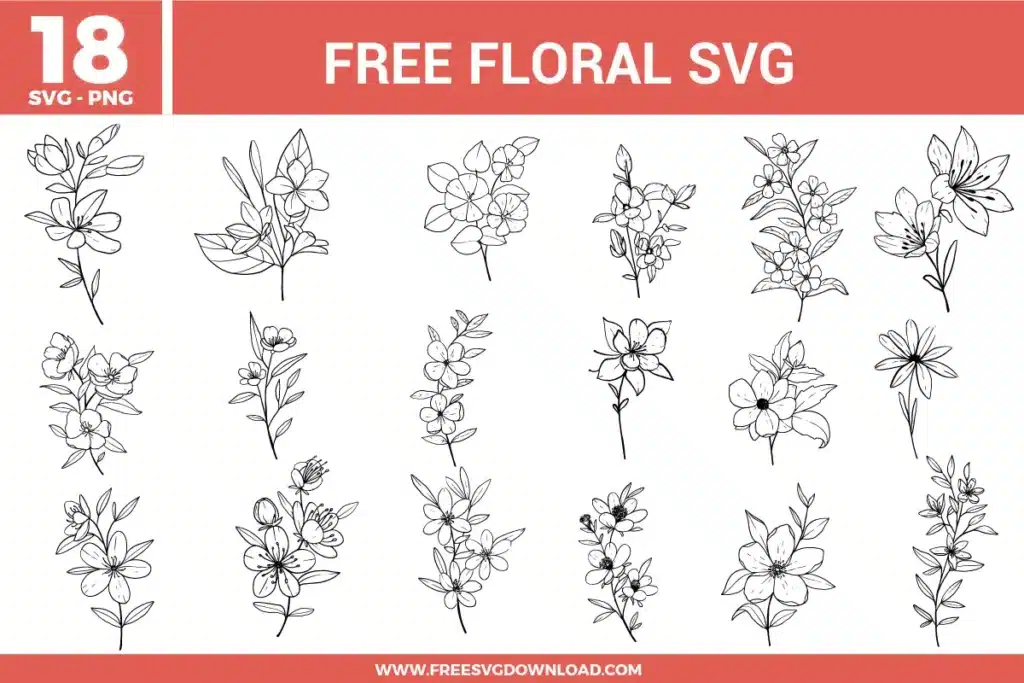 Floral SVG bundle featuring hand drawn flower line art designs with various botanical elements, leaves, and delicate floral arrangements for crafting and cutting projects