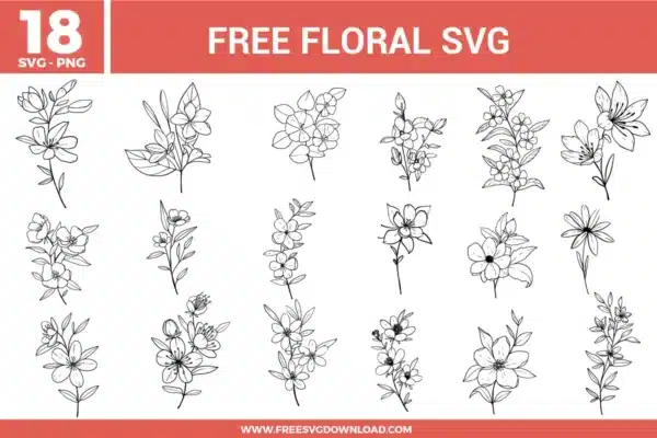 Floral SVG bundle featuring hand drawn flower line art designs with various botanical elements, leaves, and delicate floral arrangements for crafting and cutting projects