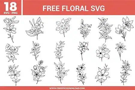 Floral SVG bundle featuring hand drawn flower line art designs with various botanical elements, leaves, and delicate floral arrangements for crafting and cutting projects